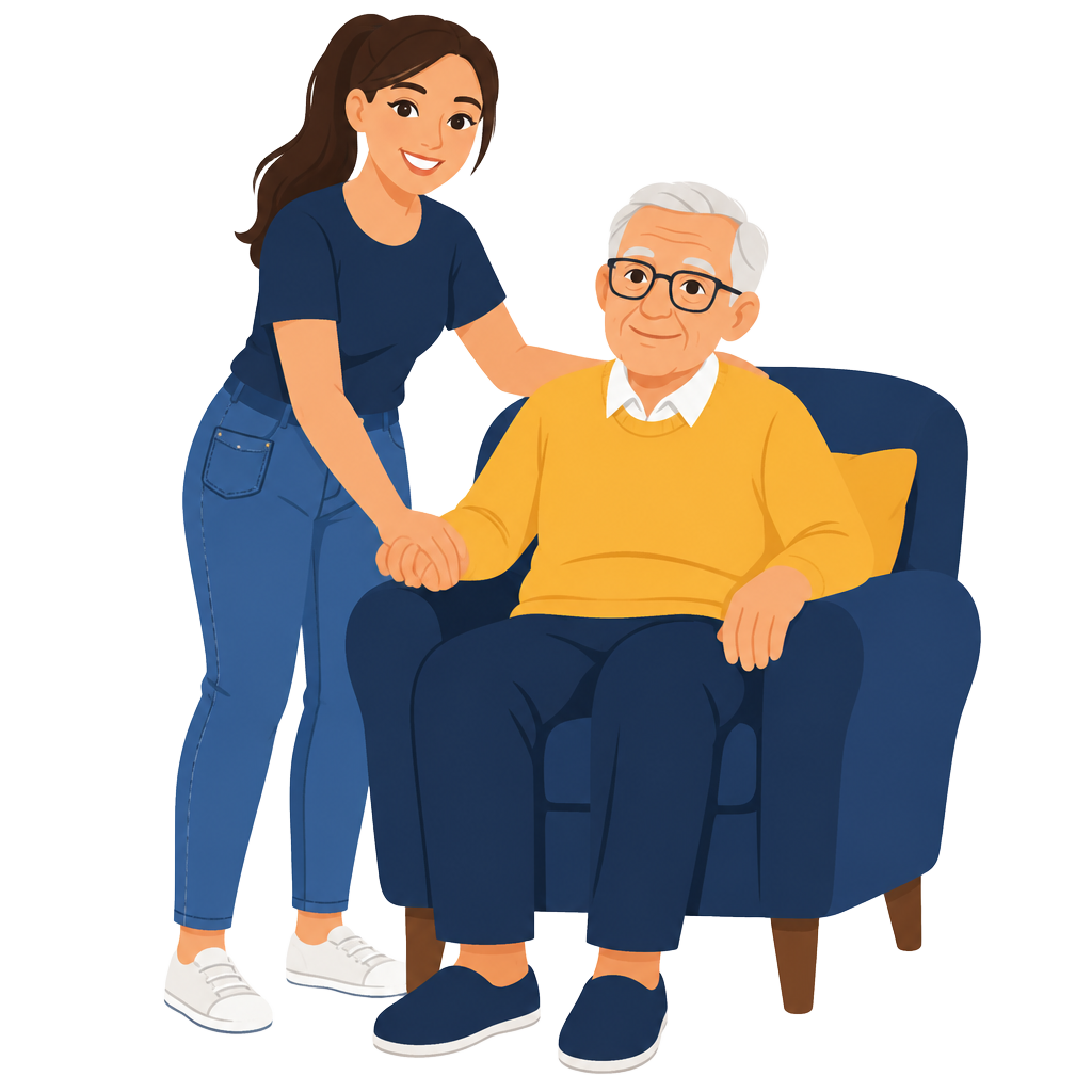 Family caregiver helping her father, with money dropping into her pocket